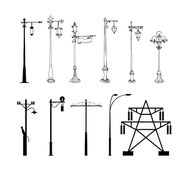 Vetor um conjunto de silhuetas de lâmpadas de rua e postes de telégrafo. em tinta preta.