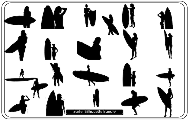 Um conjunto de silhuetas detalhadas de alta qualidade de um surfista surfando nas ondas em sua prancha