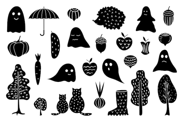 Um conjunto de silhuetas pretas e brancas de ilustrações sobre o tema do outono e do halloween