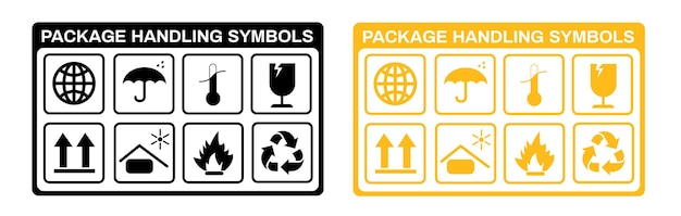 Um conjunto de símbolos de embalagem em fundo branco com cor preta e amarela