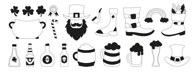 Um conjunto de símbolos e elementos para o dia de são patrício garrafas de cerveja copos com chapéus de cone de cerveja trevo e quatro folhas trevos bandeiras botas de ferradura e arcos estilo linear preto e branco