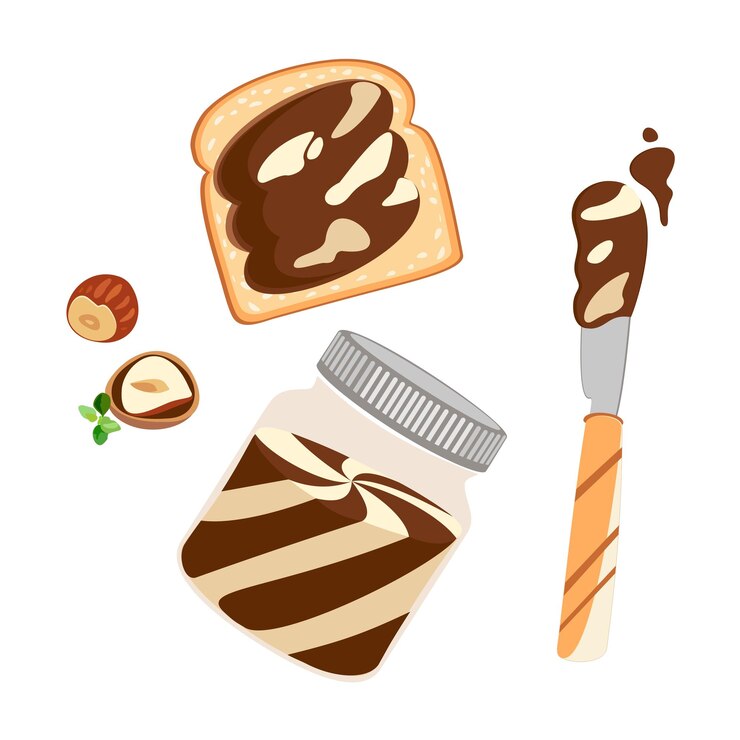 Vetor um conjunto de sobremesas com doçura de chocolate e manteiga de nozes. pasta de chocolate na xícara e na fatia de pão