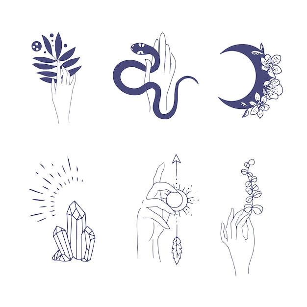 Um conjunto de talismãs espirituais e esotéricos, incluindo geometria sagrada nas mãos de uma mulher.