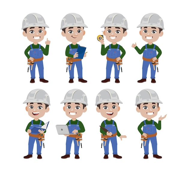 Um conjunto de trabalhadores da construção civil dos desenhos animados com diferentes poses e expressões.