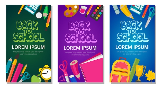 Um conjunto de três banners sobre um tema escolar com material escolar A inscrição de volta à escola