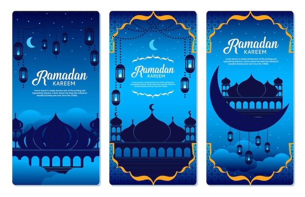 Um conjunto de três cartas com o ramadã e a mesquita