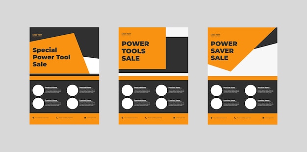 Um conjunto de três cartazes para venda de ferramentas elétricas.