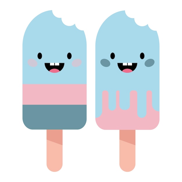 Um conjunto de três casquinhas de sorvete azul e rosa com um sorriso e língua de fora