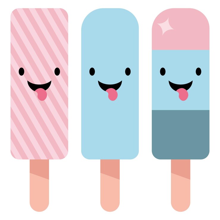Vetor um conjunto de três casquinhas de sorvete azul e rosa com um sorriso e língua de fora