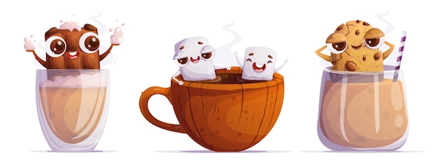 Um conjunto de três doces de desenho animado flutuando em bebidas quentes personagens emocionais chocolate joga espuma em um copo de cappuccino marshmallows relaxar em uma chávena de cacau o biscoito relaxa em um mochaccino