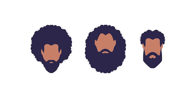 Vetor um conjunto de três rostos de caras de diferentes tipos e nacionalidades estilo cartoon isolado