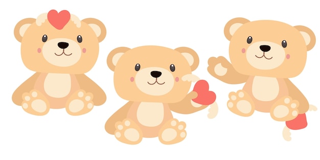 Um conjunto de ursinhos de pelúcia em poses diferentes Com brinquedos nas mãos um coração com asas Aniversário