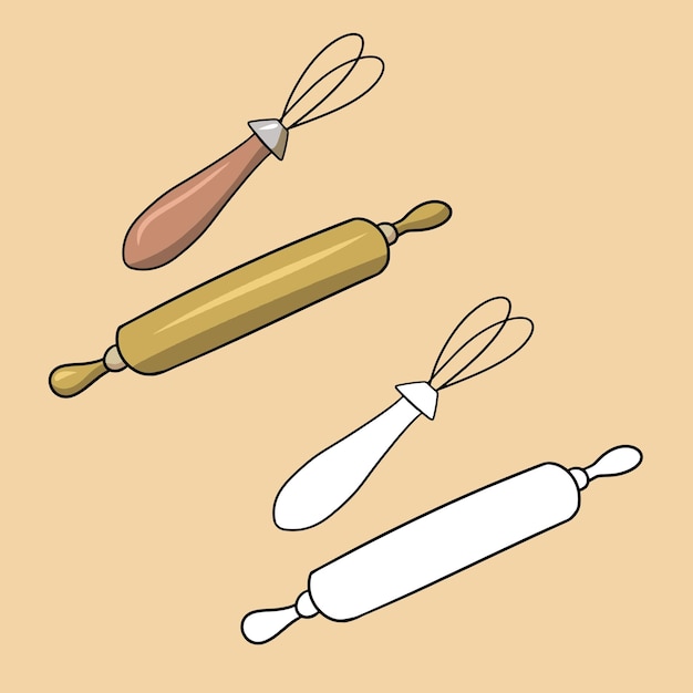 Um conjunto de utensílios de cozinha de fotos um misturador manual e um rolo de massa uma ilustração em estilo cartoon