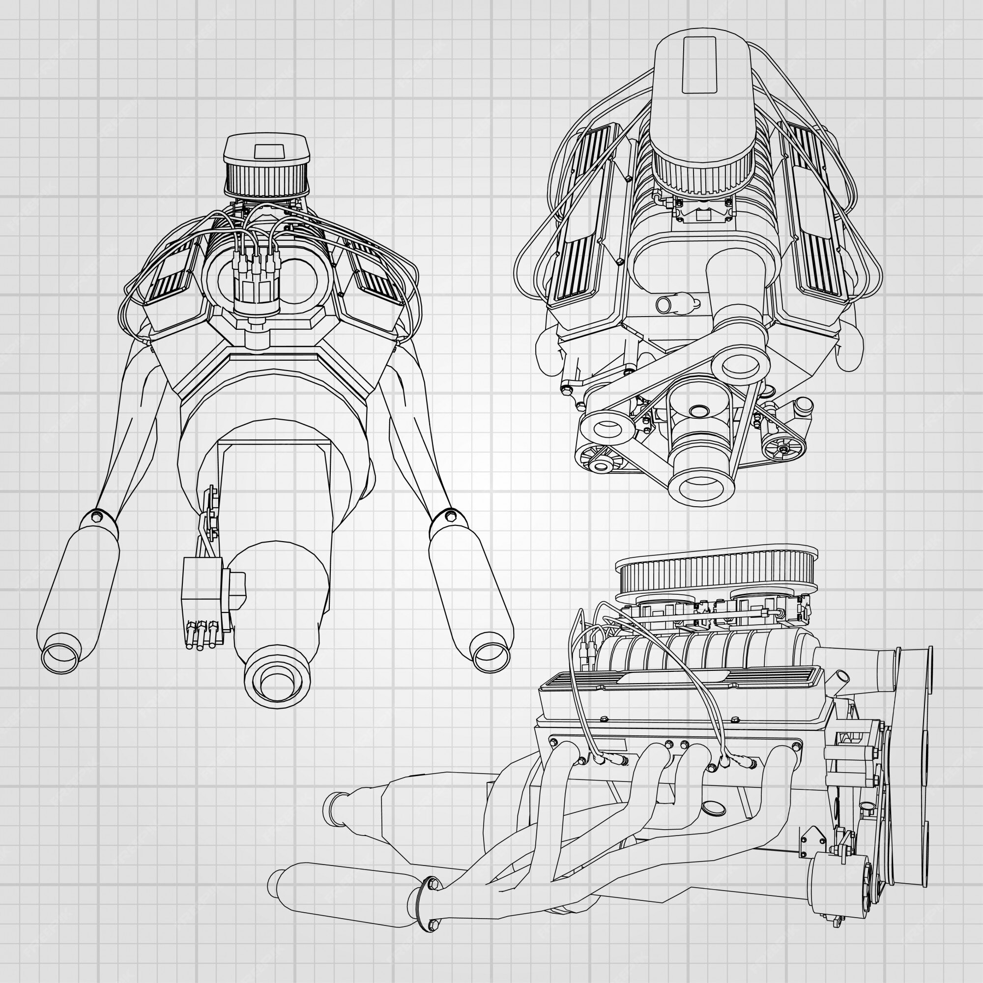 Motor de carro poderoso. o motor é desenhado com linhas pretas sobre fundo  branco.