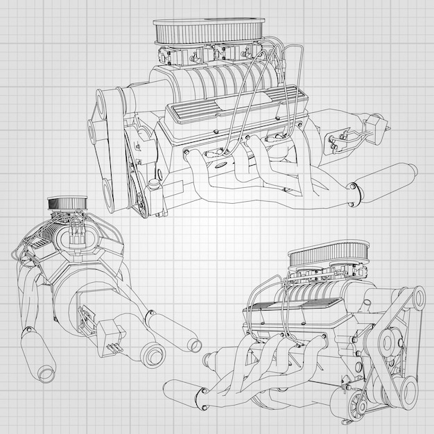 Um conjunto de vários tipos de motor de carro poderoso. o motor é desenhado  com linhas pretas em uma folha branca em uma gaiola, Vetor Premium