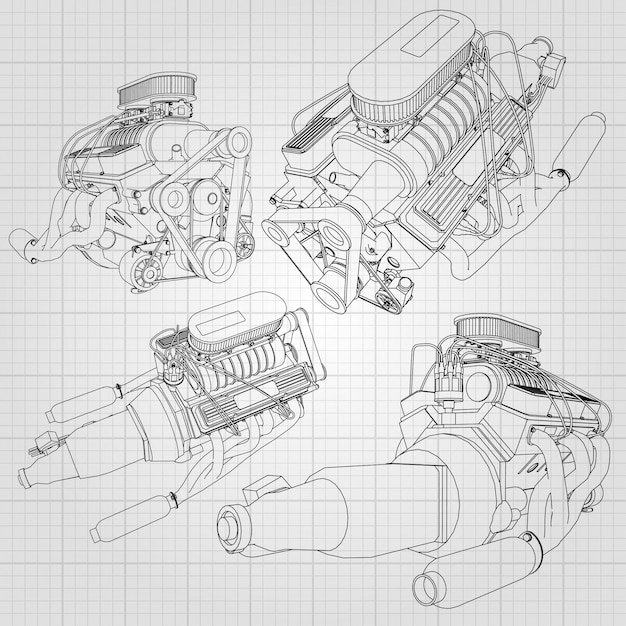 Um conjunto de vários tipos de motor de carro poderoso. o motor é desenhado com linhas pretas em uma folha branca em uma gaiola