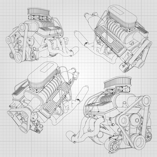 Um conjunto de vários tipos de motor de carro poderoso. o motor é desenhado com linhas pretas em uma folha branca em uma gaiola