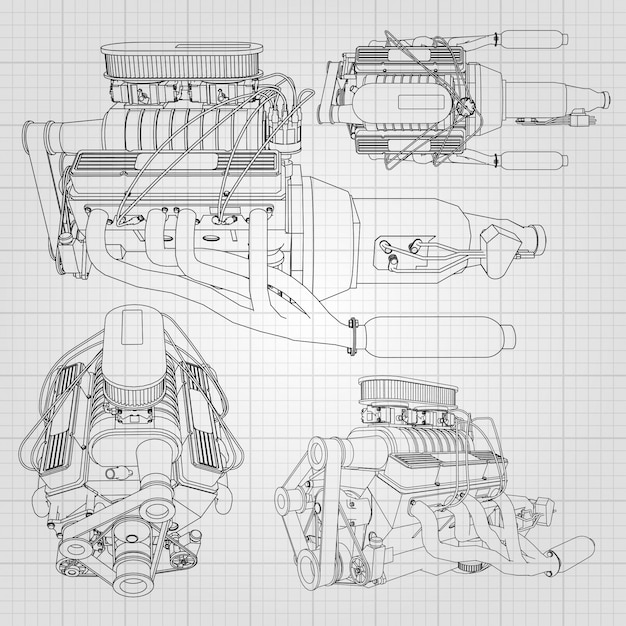 Um conjunto de vários tipos de motor de carro poderoso. o motor é desenhado com linhas pretas em uma folha branca em uma gaiola