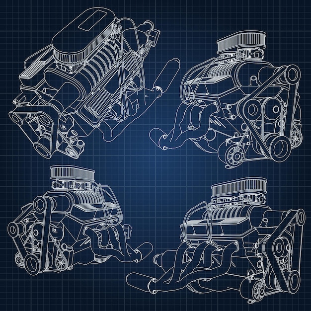 Vetor um conjunto de vários tipos de potentes motores de automóveis. o motor é desenhado com linhas brancas em uma folha azul escura em uma gaiola.