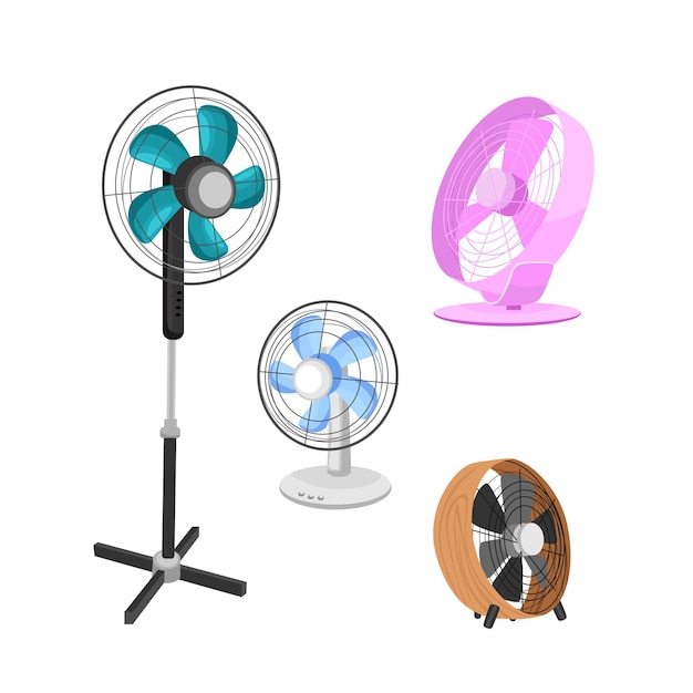 Vetor um conjunto de ventiladores elétricos de vários tipos. aparelhos domésticos para refrigeração de ar.