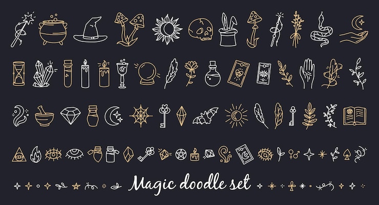 Vetor um conjunto mágico de ícones de estilo doodle com itens esotéricos