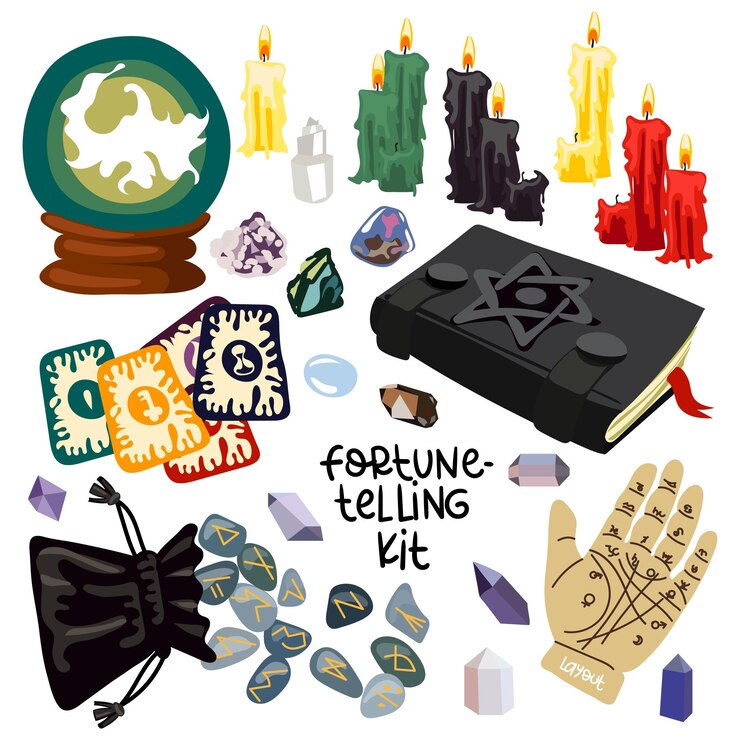 Vetor um conjunto para adivinhação de itens mágicos velas candelabros runas um livro de feitiços uma bola mágica