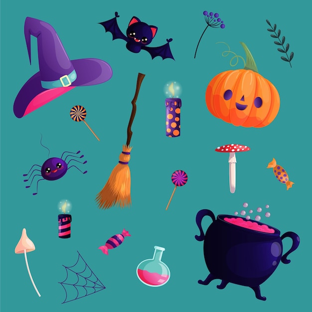 Um conjunto para Halloween abóbora morcego chapéu aranha caldeira vassoura poção doces velas estilo desenho animado