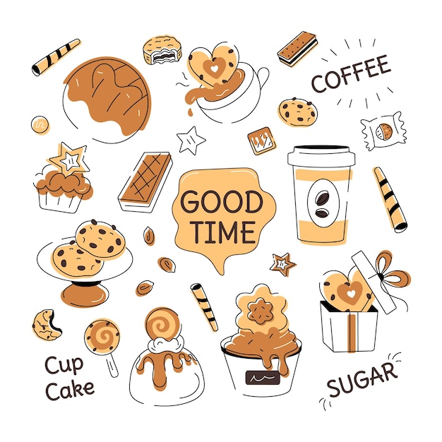 Um cookie de estilo doodle retratando vários tipos de alimentos de padaria e itens de confeitaria