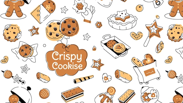 Vetor um cookie de estilo doodle retratando vários tipos de alimentos de padaria e itens de confeitaria