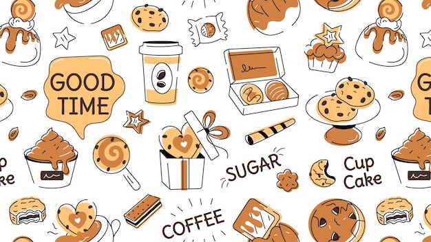 Vetor um cookie de estilo doodle retratando vários tipos de alimentos de padaria e itens de confeitaria