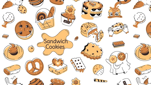 Um cookie de estilo doodle retratando vários tipos de alimentos de padaria e itens de confeitaria