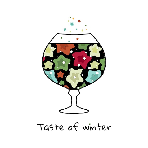 Vetor um copo cheio de neve e estrelas coloridas de natal. o sabor do inverno. imagem vetorial isolada.