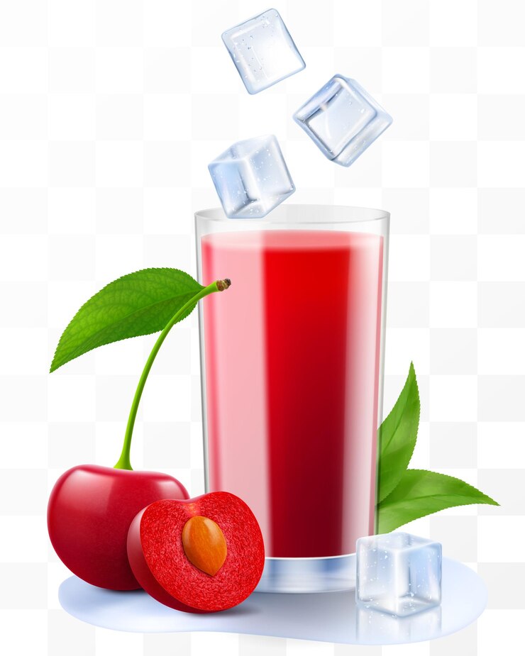 Vetor um copo de suco de cereja fresca ou smoothie com cubos de gelo uma xícara de coquetel ou compota com doce maduro