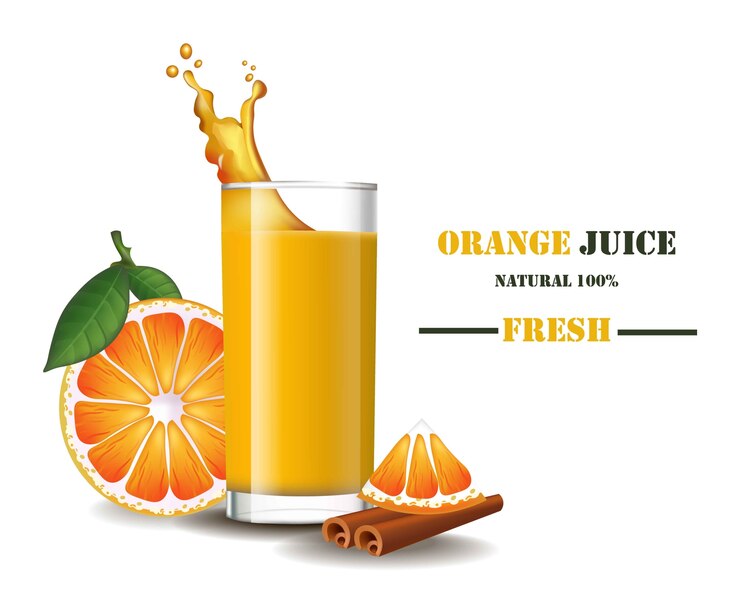 Vetor um copo de suco de laranja fresco com ilustrações realistas de chapas simuladas