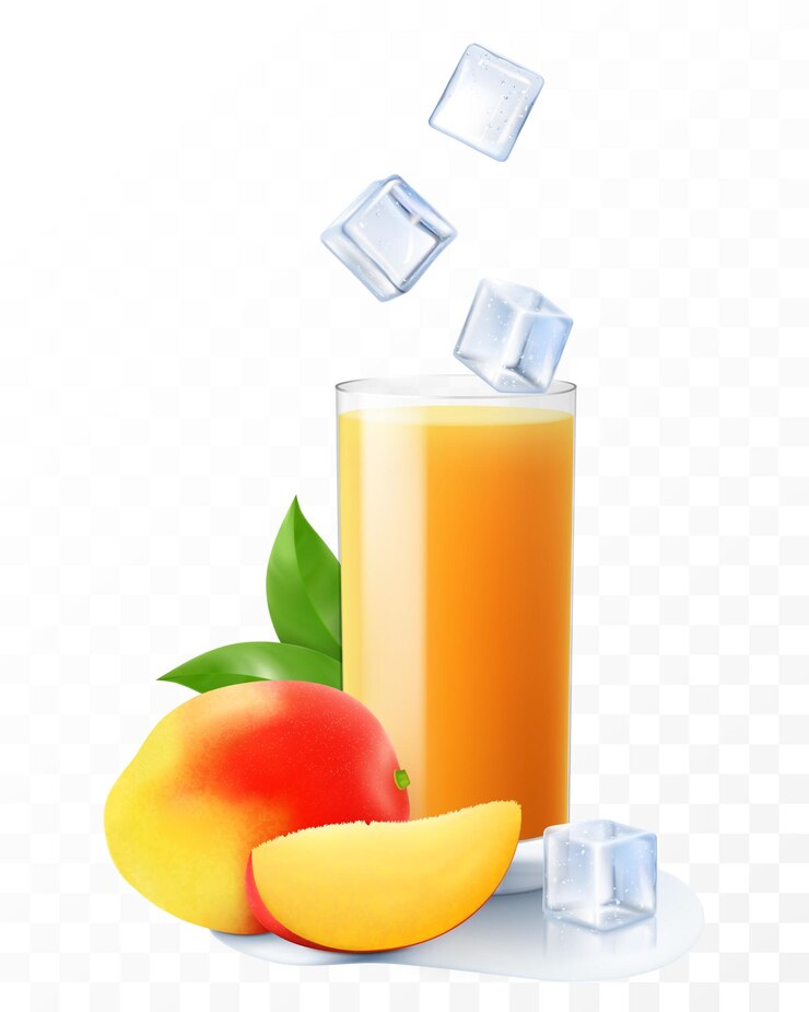 Vetor um copo de suco de manga fresca ou smoothie com cubos de gelo caindo no copo copo de coquetel ou iogurte com manga madura isolada em fundo transparente vetor 3d realista