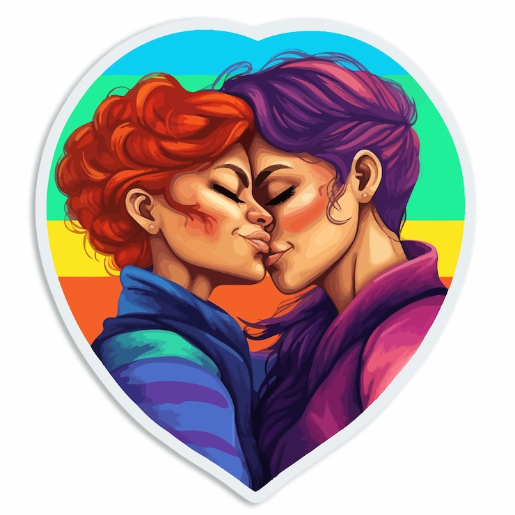 Vetor um coração com um casal a beijar-se e um fundo colorido arco-íris
