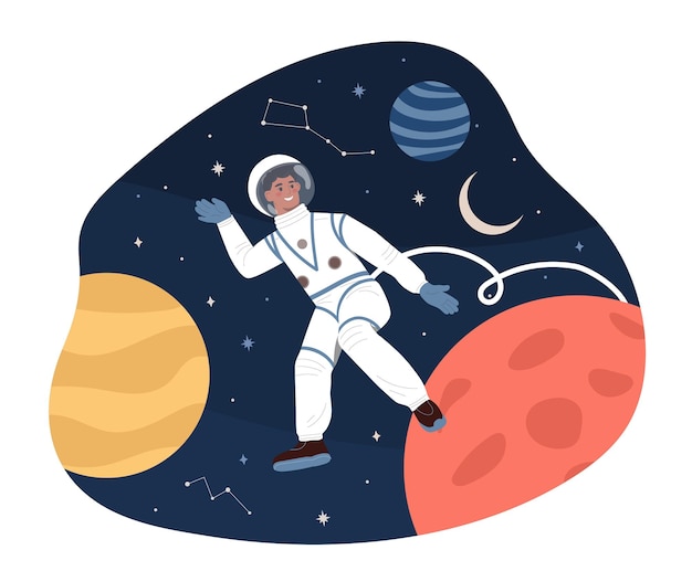 Um cosmonauta ou astronauta no espaço exterior um homem em um terno espacial contra o fundo de planetas e