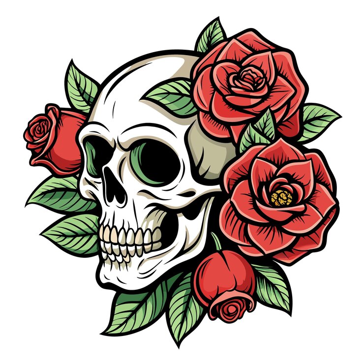 Vetor um crânio com rosas e um crâneo com folhas