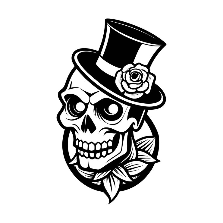 Vetor um crânio com um chapéu alto e uma rosa svg