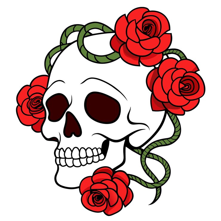 Vetor um crânio com uma coroa de rosas vermelhas