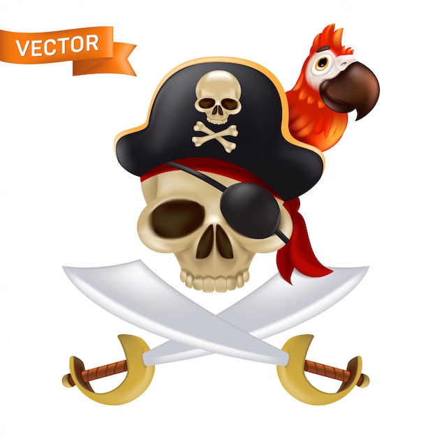Um crânio de pirata com espadas cruzadas ou sabres no boné de capitão com um papagaio vermelho. Ilustração engraçada de Jolly Roger com uma bandana vermelha e tapa-olho isolado