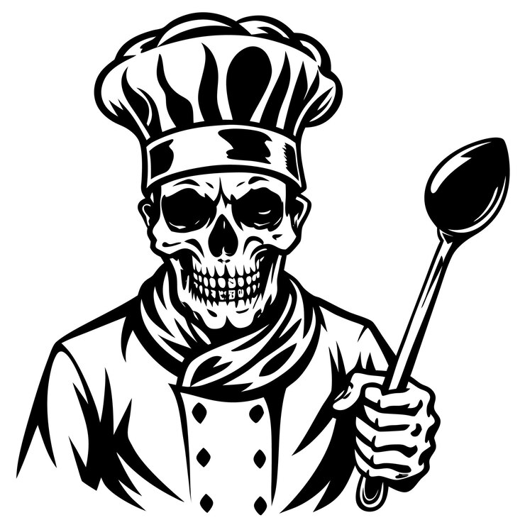 Vetor um crânio e uma colher no chapéu de um chef.