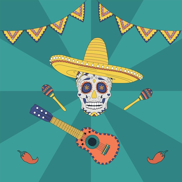 Um crânio mexicano com maracas e uma guitarra ilustração vetorial desenhada à mão cartaz para capas de roupas