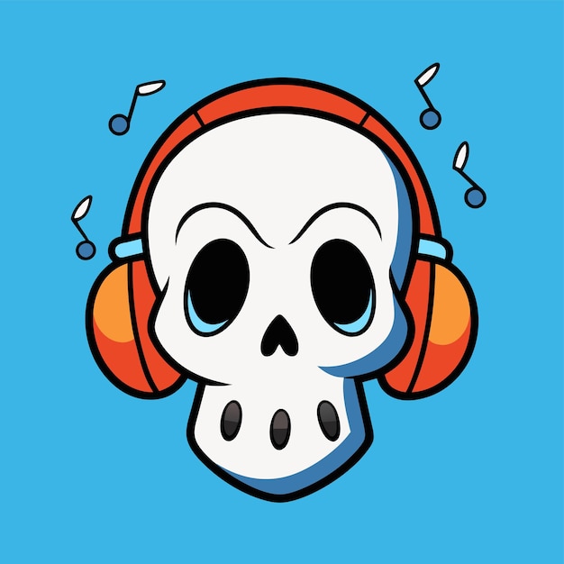 Vetor um crânio usando fones de ouvido ouvindo música adesivo de personagem de desenho animado de mascote desenhado à mão