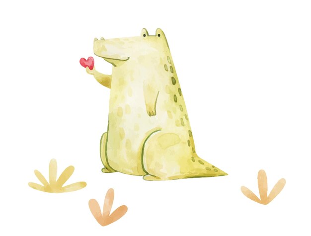 um crocodilo verde sorridente segurando um coração vermelho na mão uma linda ilustração romântica infantil isolada