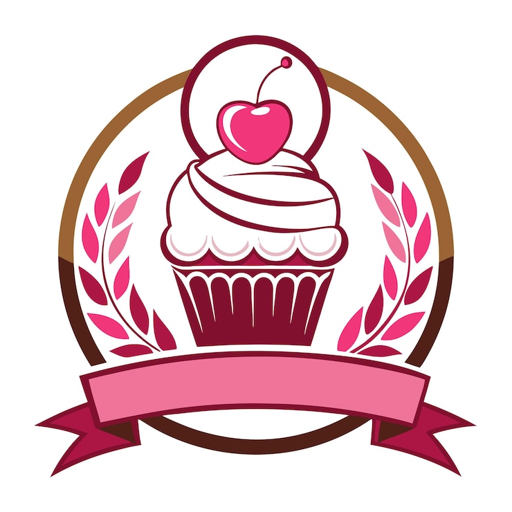 Vetor um cupcake com um coração e uma fita rosa com um coração