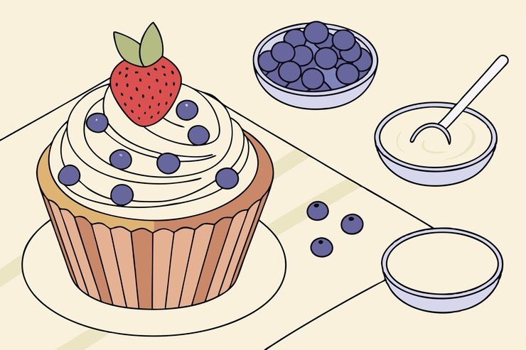 Vetor um delicioso cupcake com mirtilos e morangos