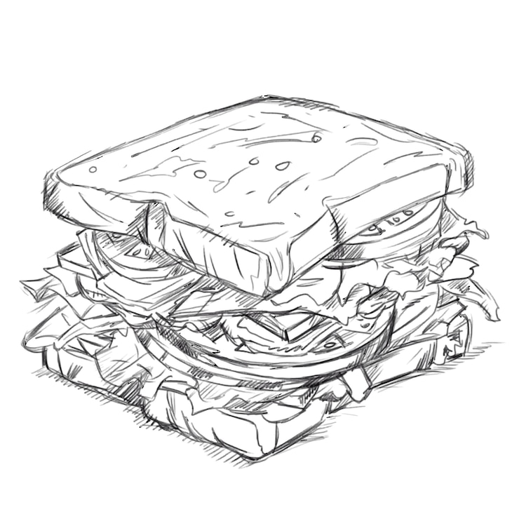Vetor um desenho à mão de um sanduíche com uma fatia de torrada nele