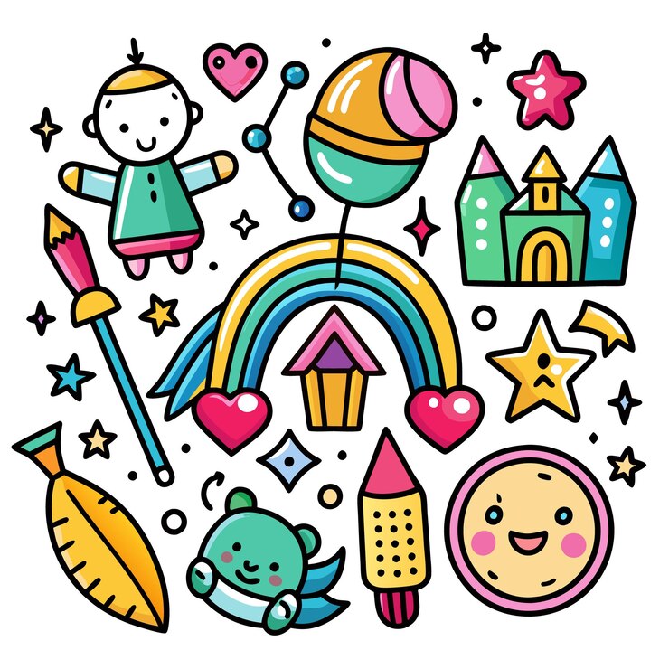 Vetor um desenho animado colorido com um arco-íris, estrelas, corações e um menino bonito.