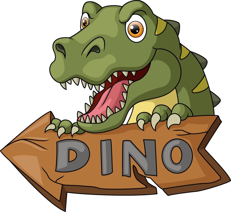 Vetor um desenho animado de dinossauro com uma tábua de madeira.